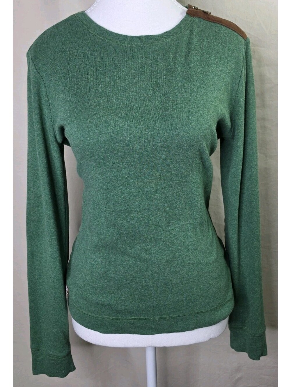 Lauren Ralph Lauren Green Knit Suede Elbow Patch Zip Top L